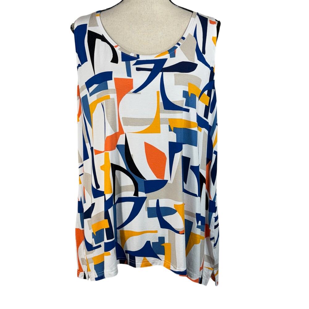Chico’s SZ 4 (XX-Large) Top Sleeveless Stretch Slits Flared Hem Geometric Multi